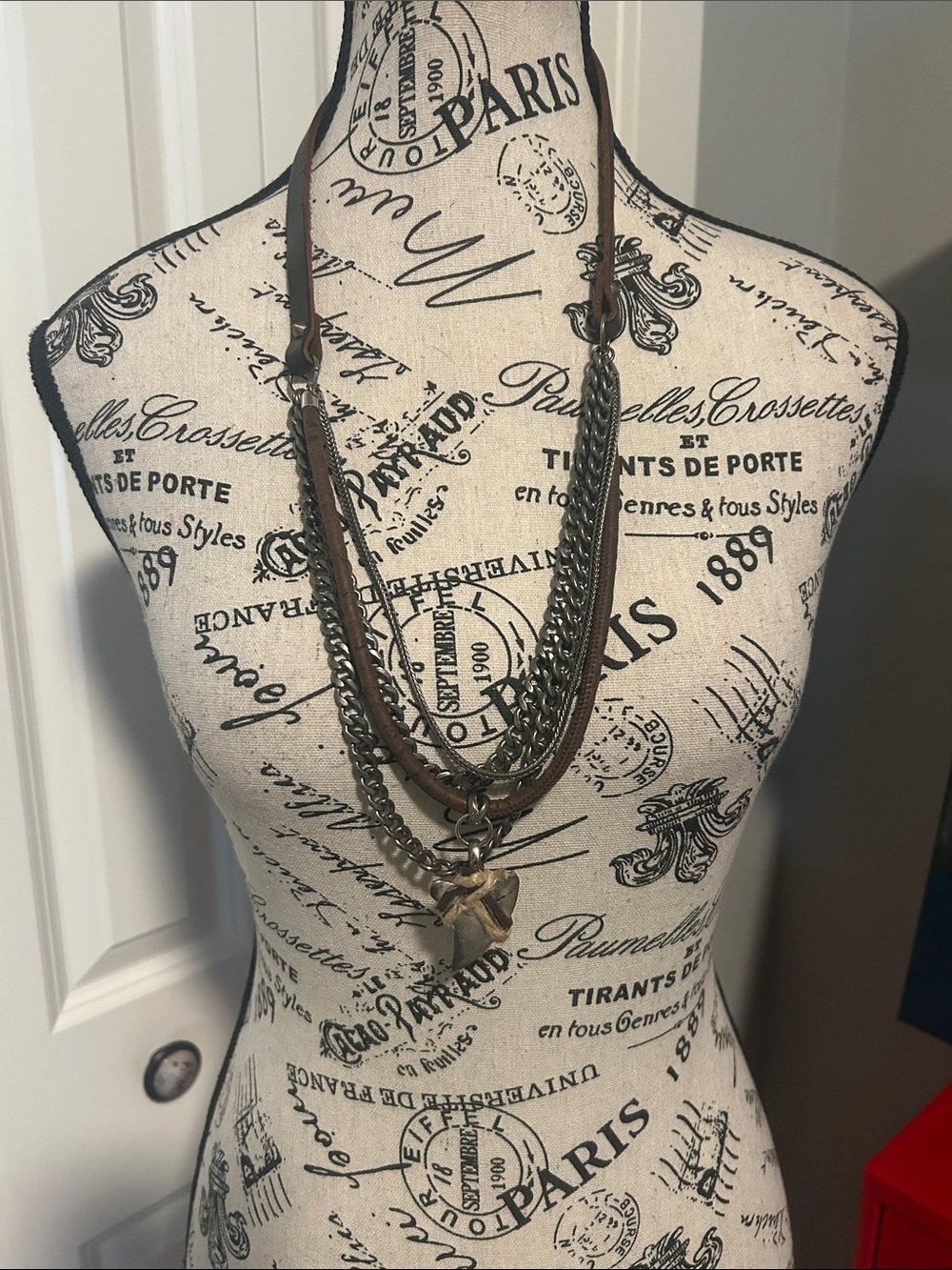 Layered Brown Leather and Antique Silver Multi-Strand Pendant Necklace